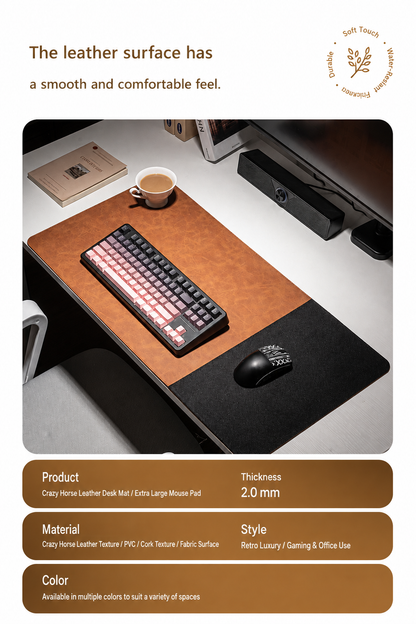 A promotional graphic for a large leather desk pad and mouse pad set. The top section contains marketing text describing the smooth leather surface, and the bottom section lists product details including thickness (2.