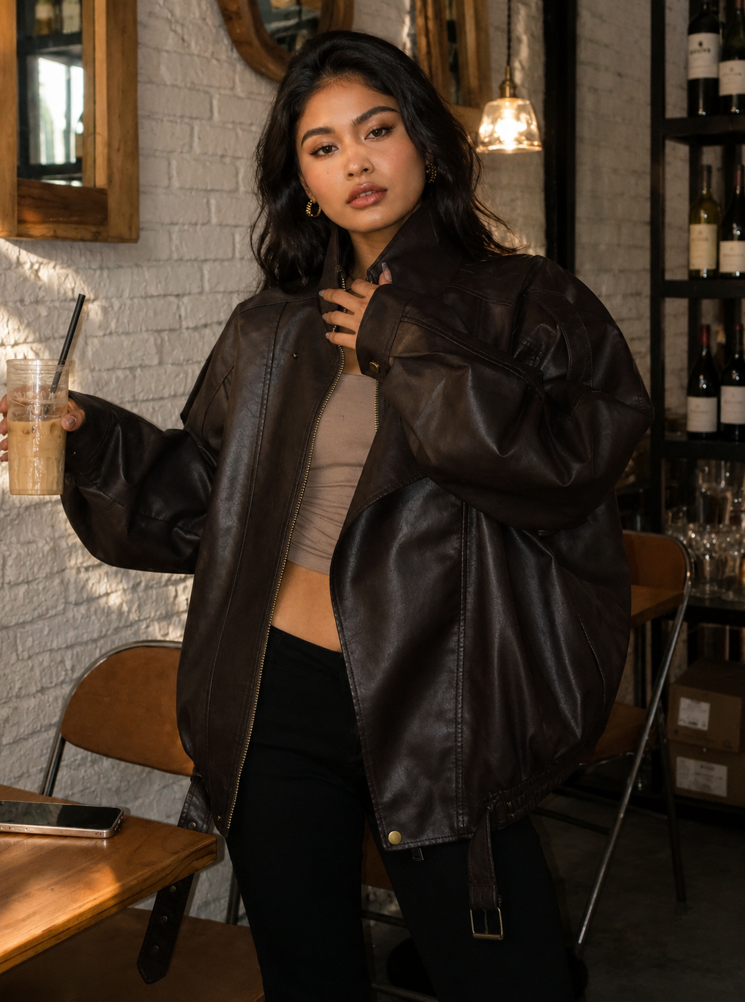 Leather flight jacket women's look with oversized silhouette and high collar design