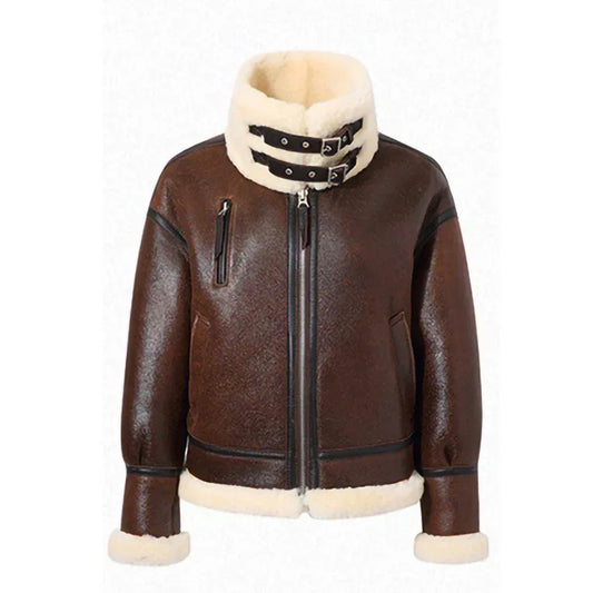 Leather Flight Jacket for Women in Brown with Fur Collar