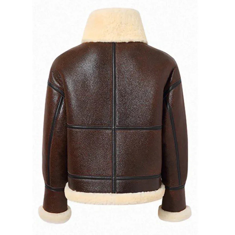Leather Flight Jacket for Women in Brown with Fur Collar