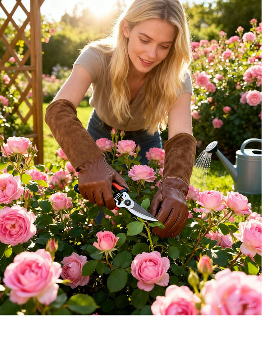 Leather gardening gloves with suede arm cuffs