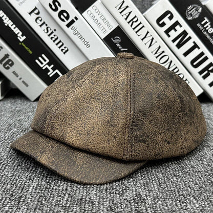 Men's leather newsboy cap with sheepskin