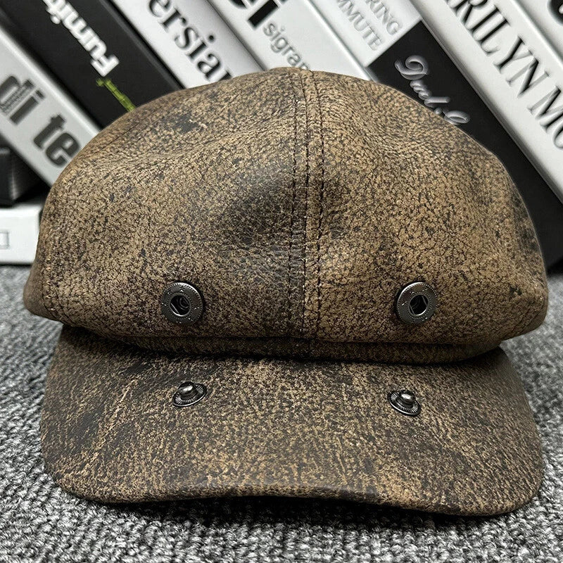Men's leather newsboy cap with sheepskin