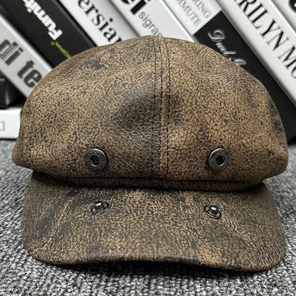 Men's leather newsboy cap with sheepskin