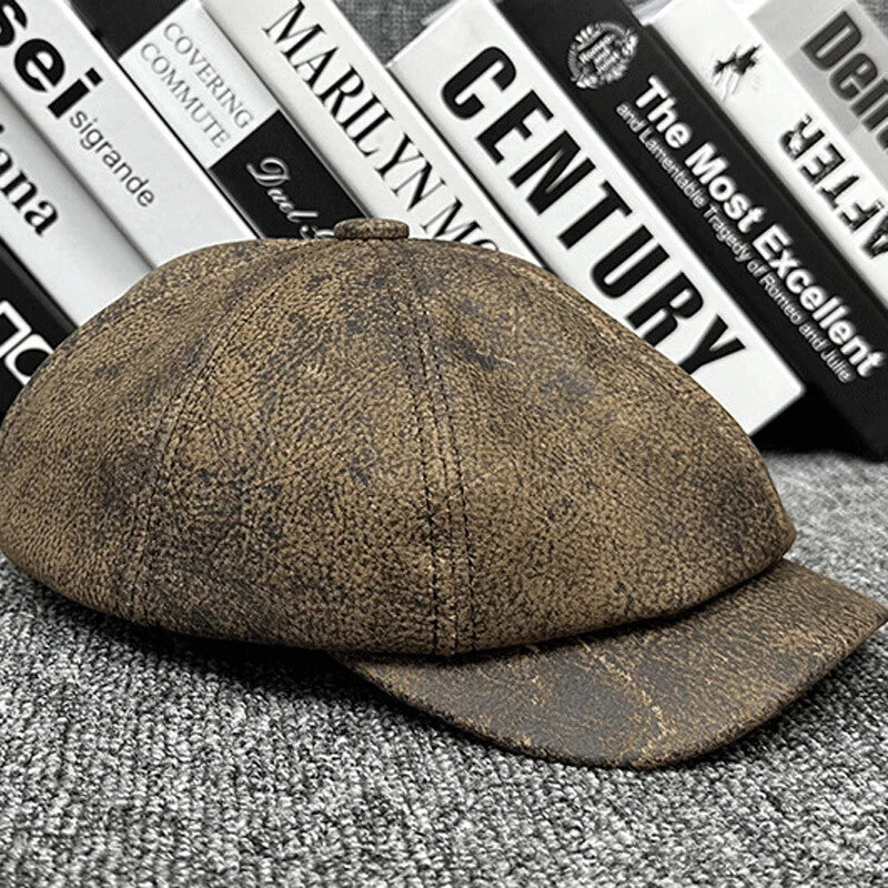 Men's leather newsboy cap with sheepskin