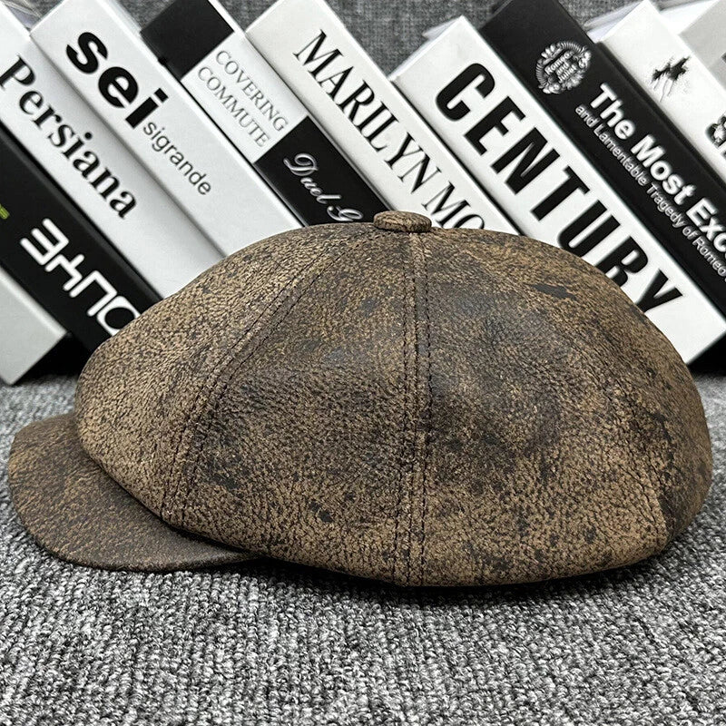 Men's leather newsboy cap with sheepskin