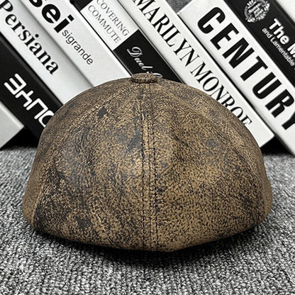 Men's leather newsboy cap with sheepskin
