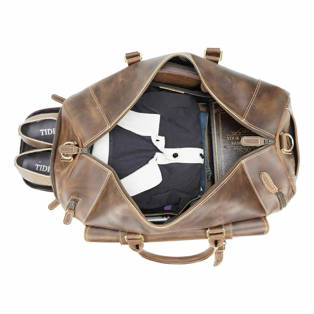 Leather Gym Bag With Shoe Compartment for Men in Brown