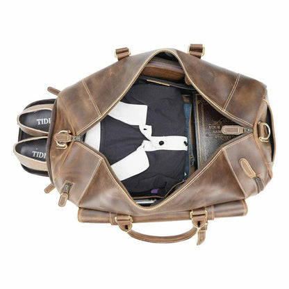 Leather Gym Bag With Shoe Compartment for Men in Brown