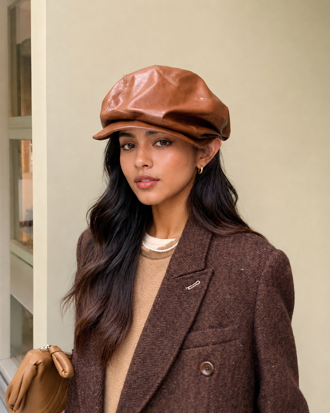 Leather womens beanie with short brim crown
