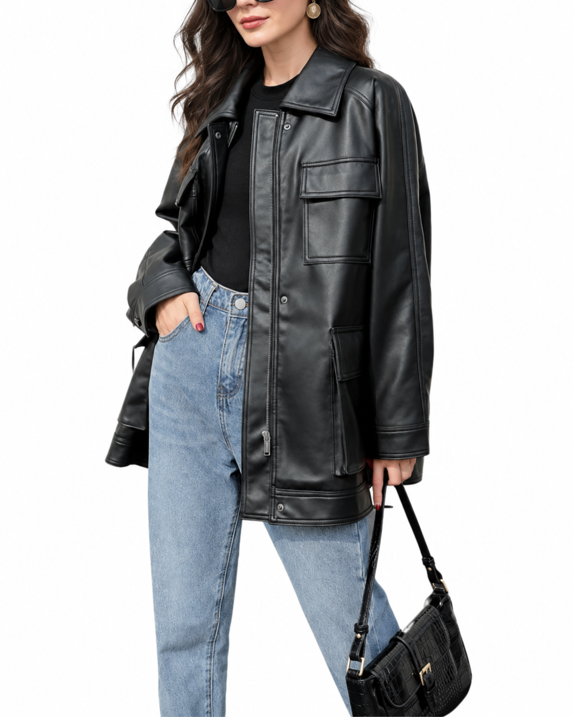 Leather Jacket With Pockets for Women in Oversized Black Fit
