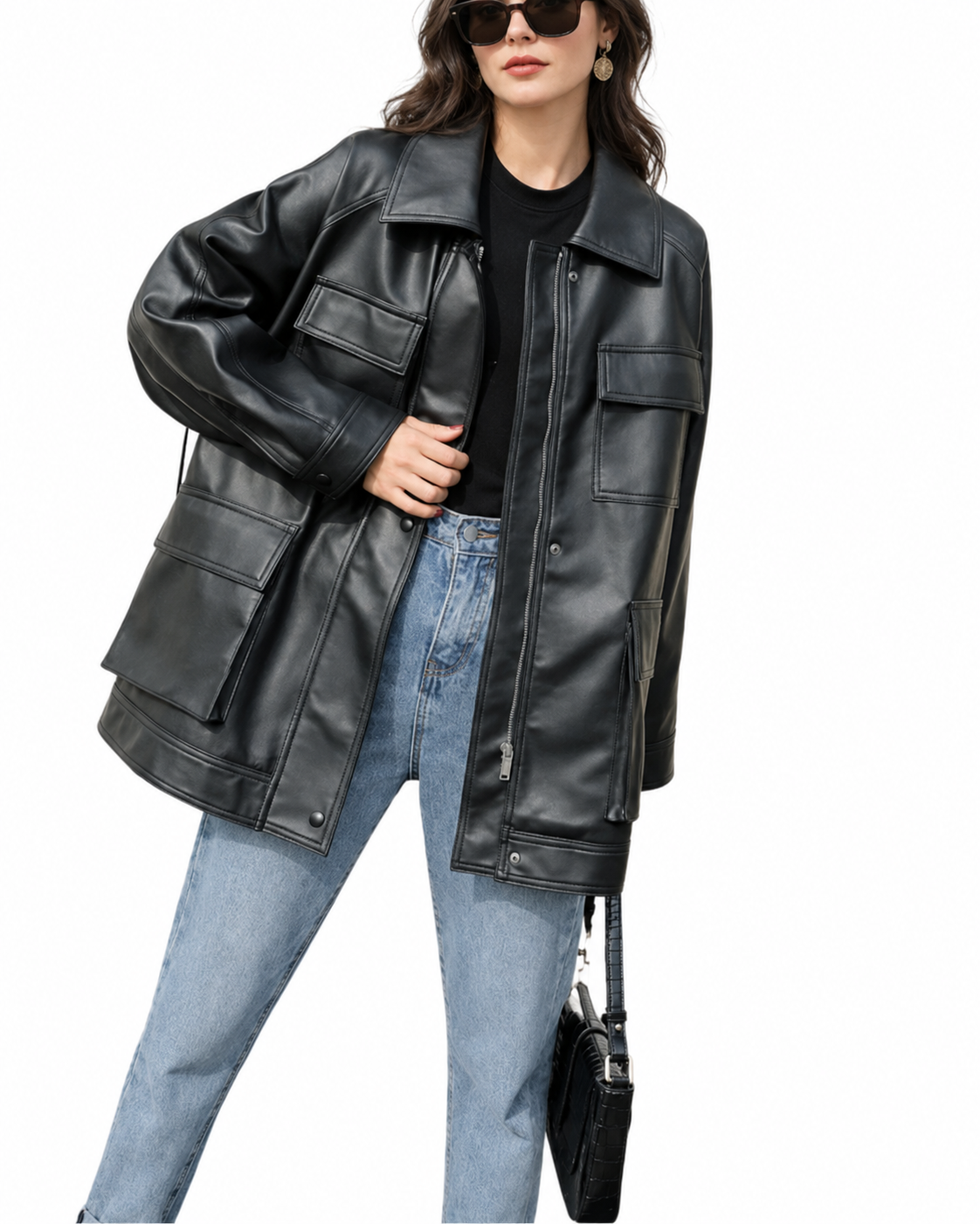 Leather Jacket With Pockets for Women in Oversized Black Fit