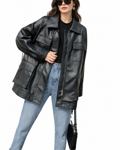 Leather Jacket With Pockets for Women in Oversized Black Fit