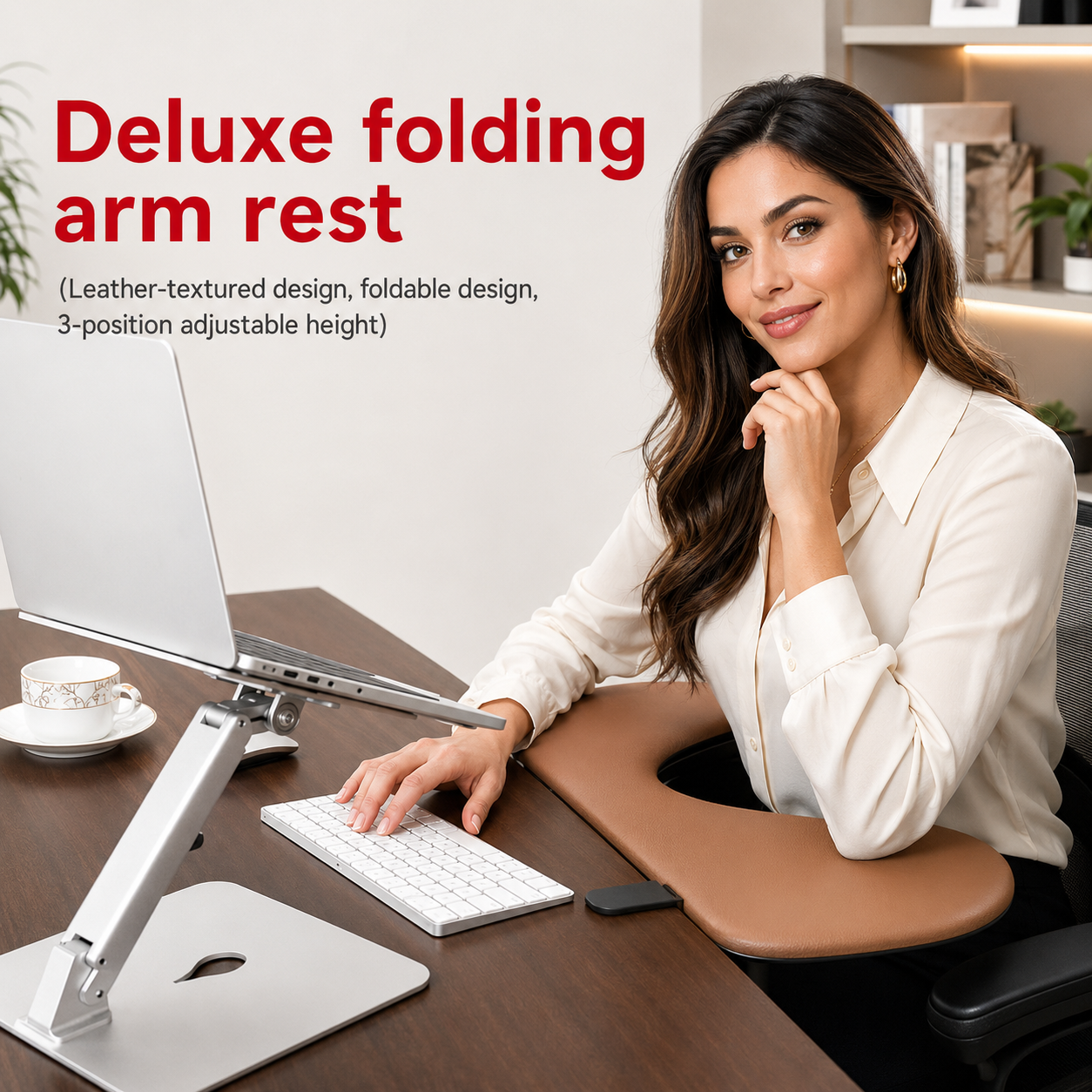Leather laptop wrist rest with clamp-on edge and curved padded shape