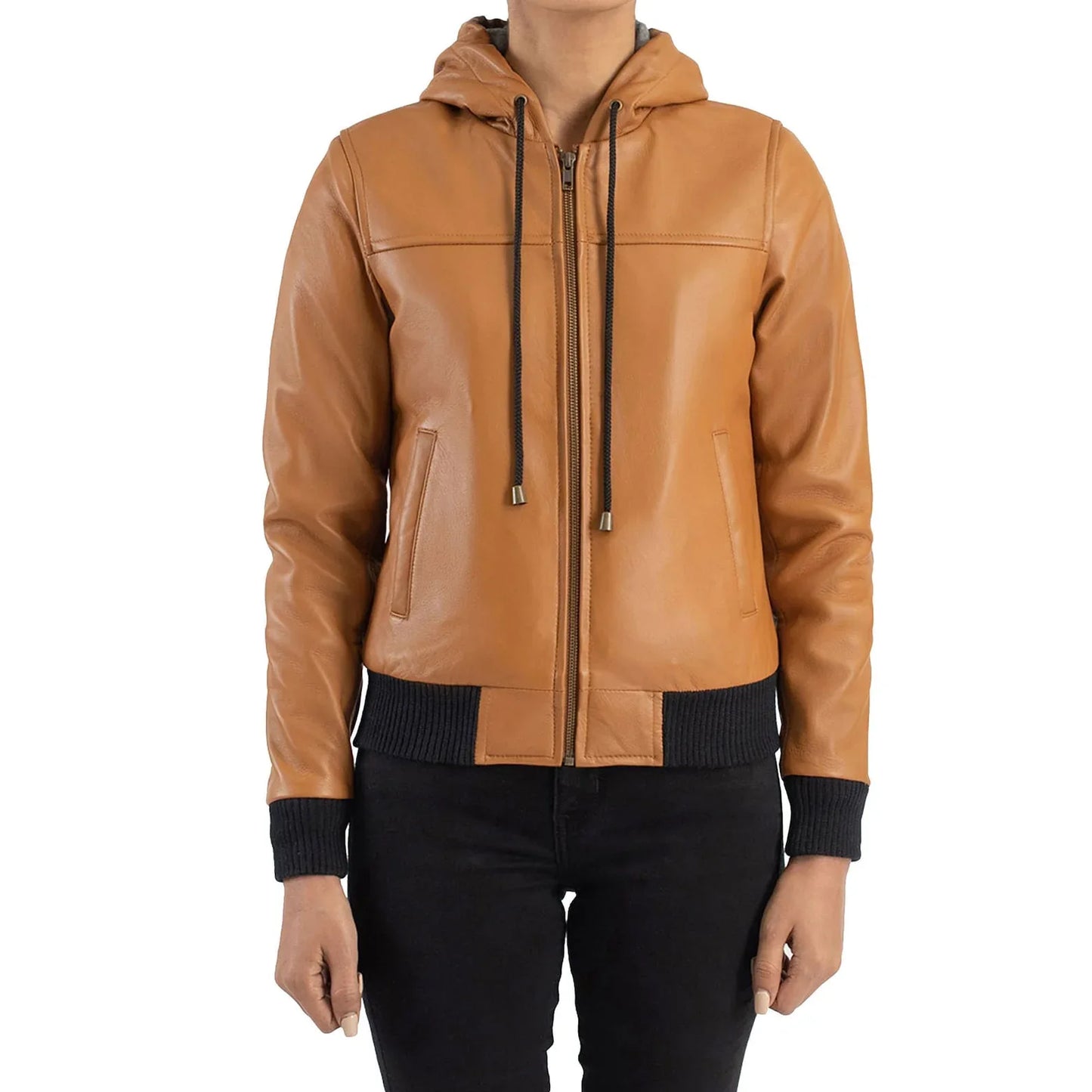 Tan Leather Hooded Jacket for Women Bomber Style