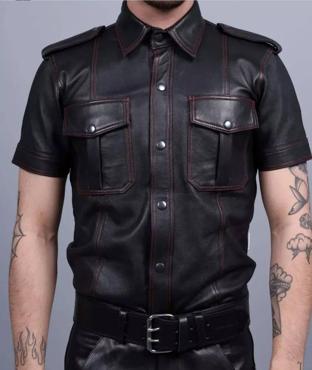 Leather Short Sleeve Shirt Mens Black Snap Front Design