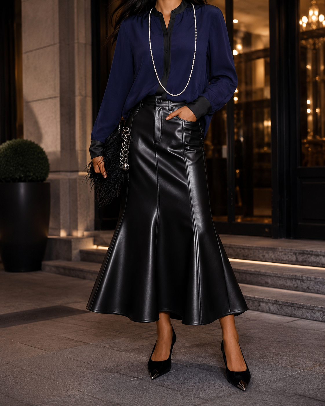 Leather maxi skirt black mermaid hem
