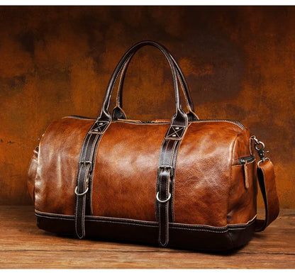 Leather Weekender Bag for Men in Brown Vegetable-Tanned Cowhide Brown