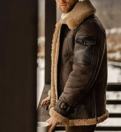 shearling lined aviator jacket mens real sheepskin flight coat