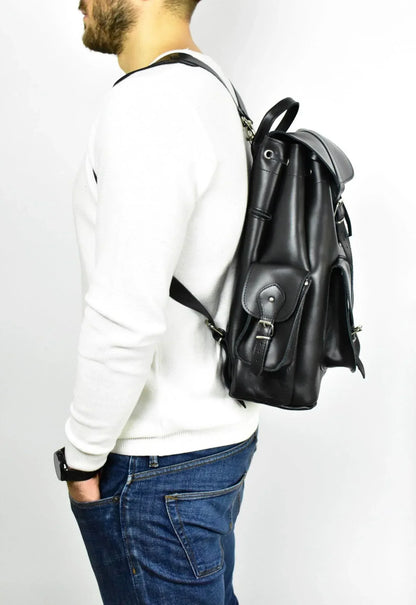 large leather backpack black full grain travel