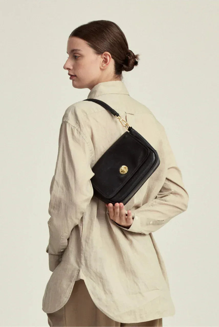 Small Genuine Leather Shoulder Bag with Flap Closure