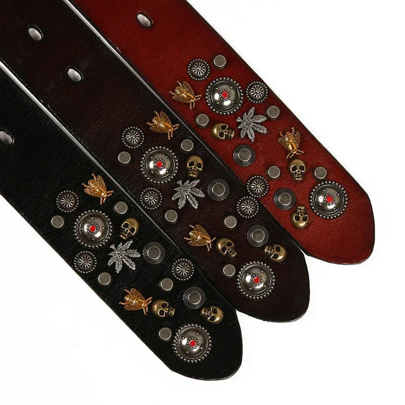 Studded Leather Belt with Skull and Bee Rivets