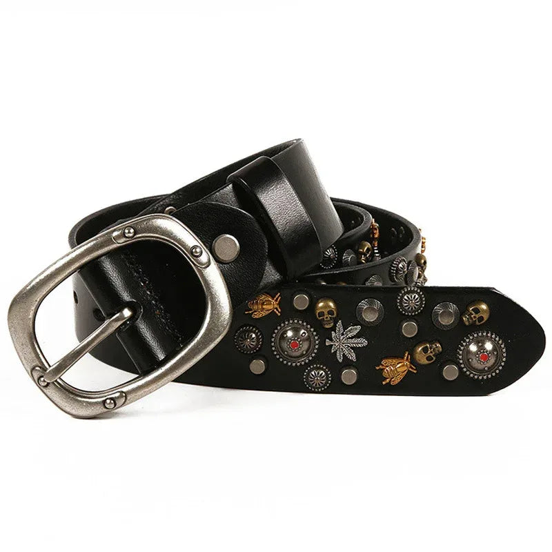 Studded Leather Belt with Skull and Bee Rivets