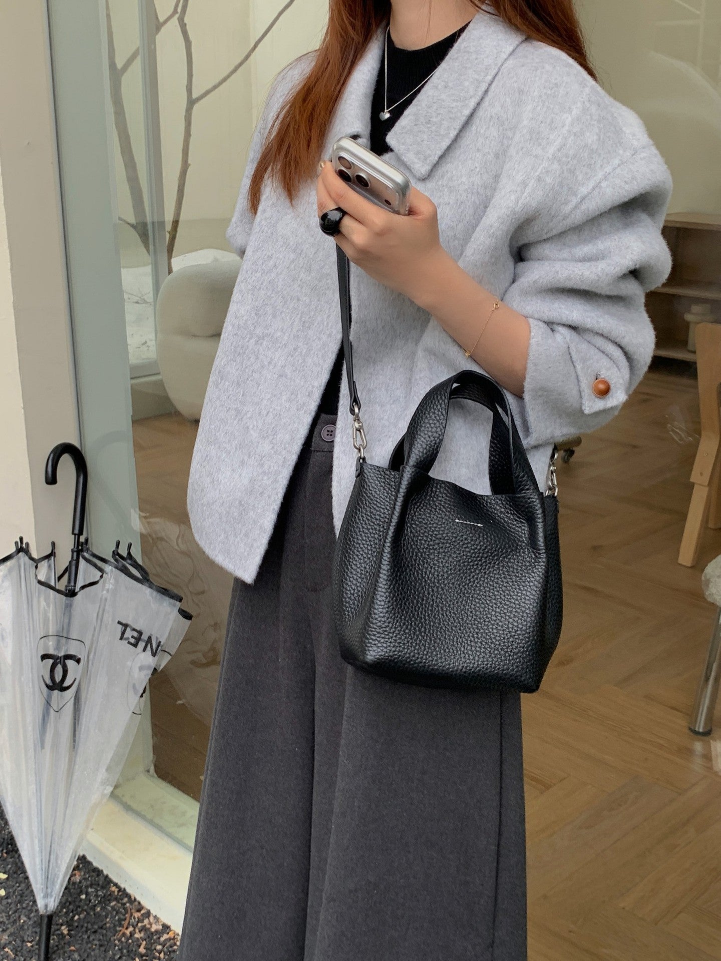 Leather basket bucket bag women cowhide