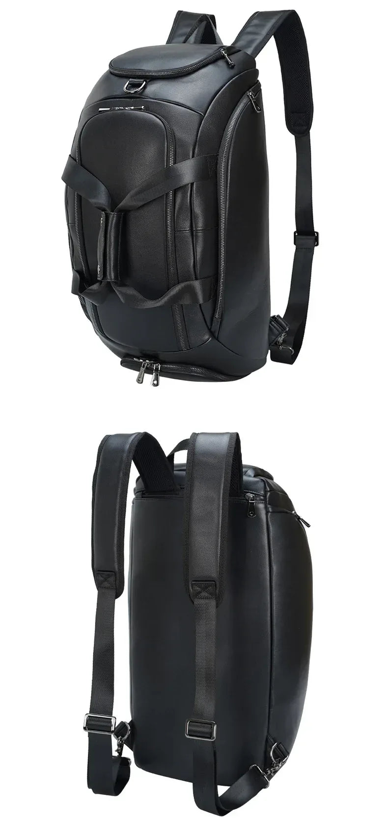 Leather duffle bag with shoe compartment in black cowhide with spacious travel storage and adjustable shoulder carrying options.