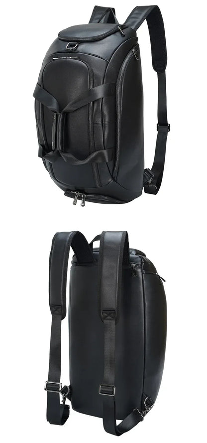 Leather duffle bag with shoe compartment in black cowhide with spacious travel storage and adjustable shoulder carrying options.