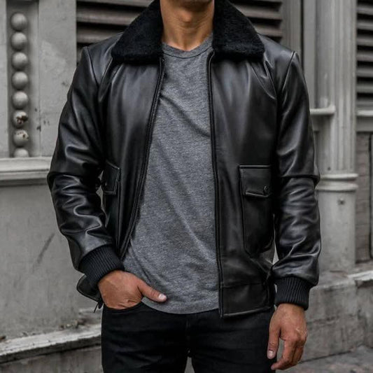 Leather Flight Jacket With Fur, Black