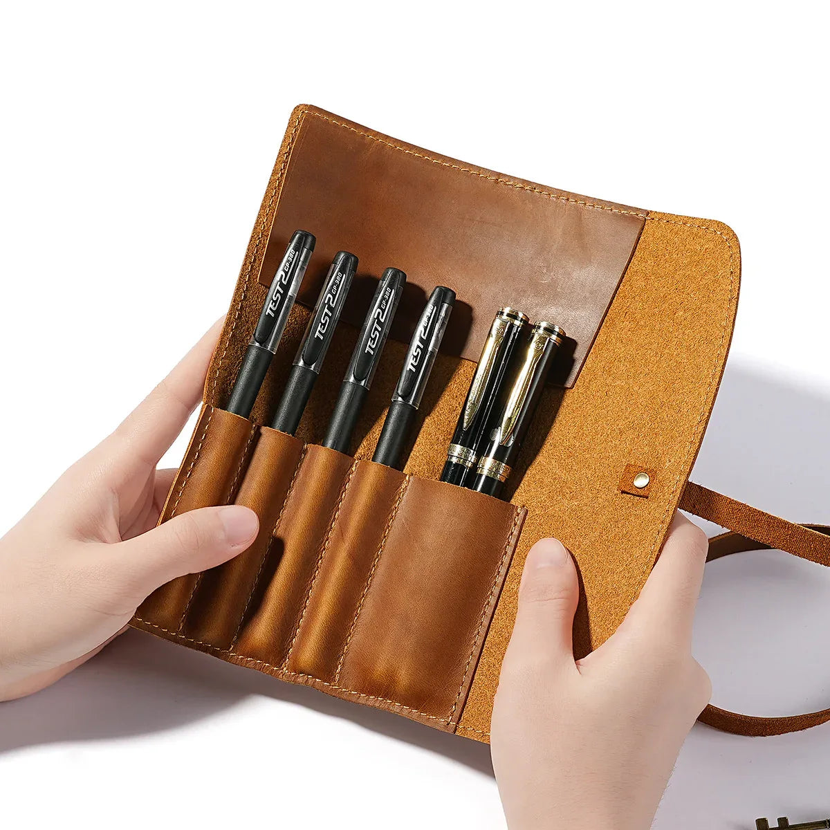 Leather fountain pen and pencil roll case