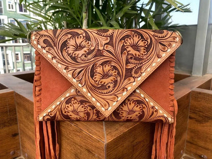 Suede Embossed Leather Tooled Crossbody Bag