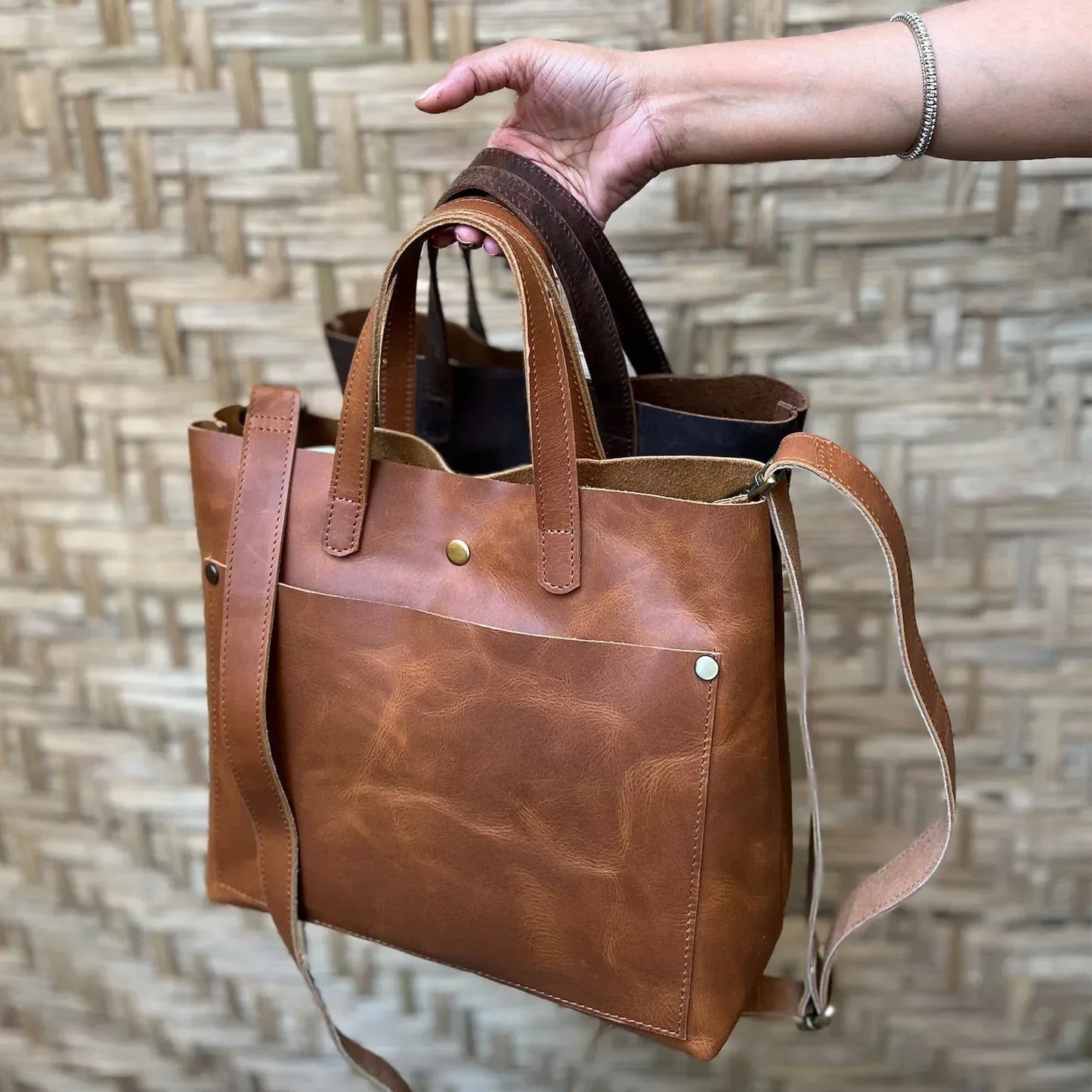 Minimalist leather tote bag for women work handbag Cognac