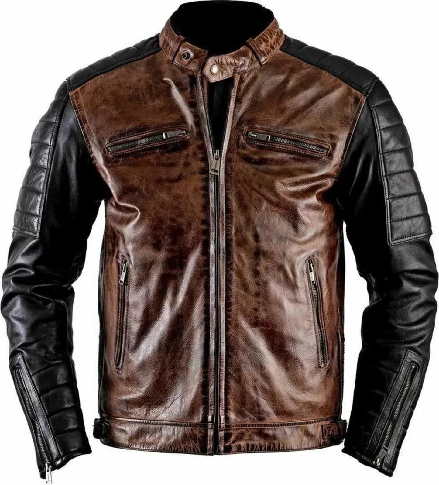 mens leather jacket quilted sleeves brown biker jacket