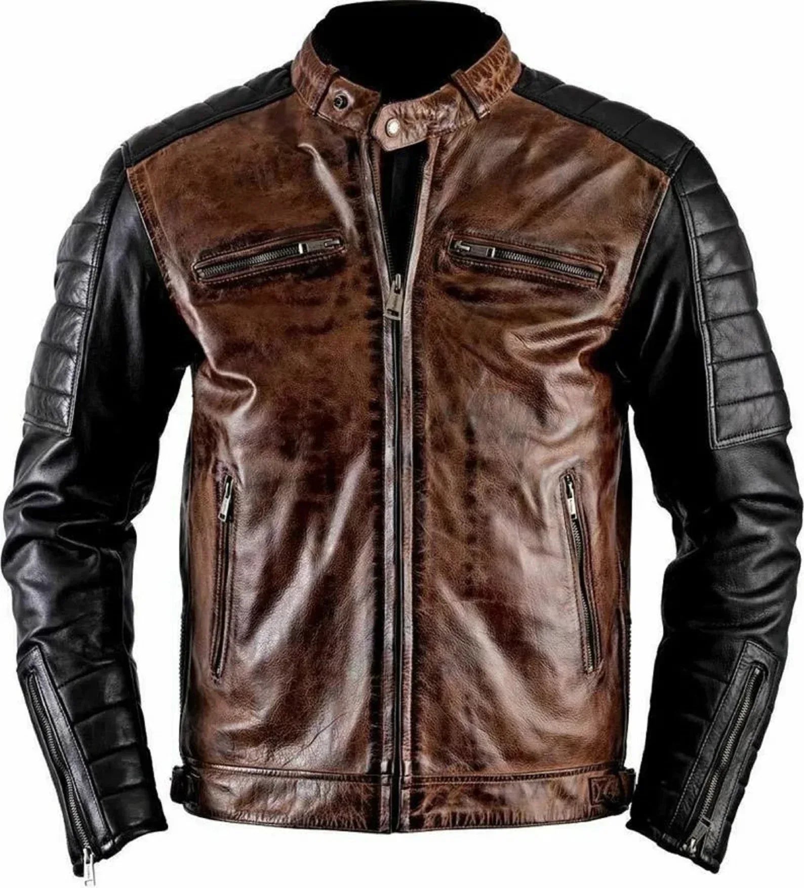 mens leather jacket quilted sleeves brown biker jacket