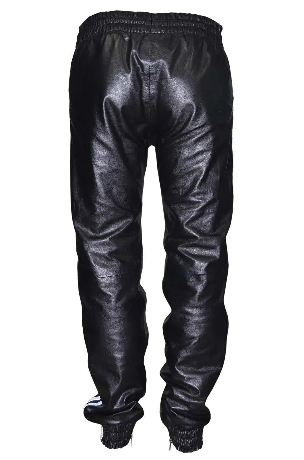 Leather joggers men's showing black leather finish, elastic waist, tapered legs, and white side stripes.