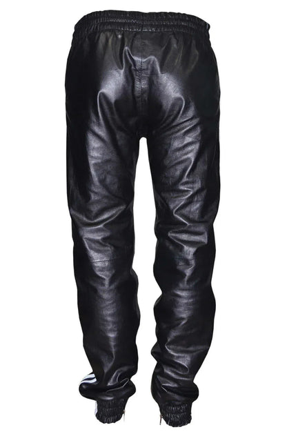Leather joggers men's showing black leather finish, elastic waist, tapered legs, and white side stripes.