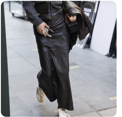 Leather maxi skirt with back slit, straight fit and womens leather skirts long appeal.