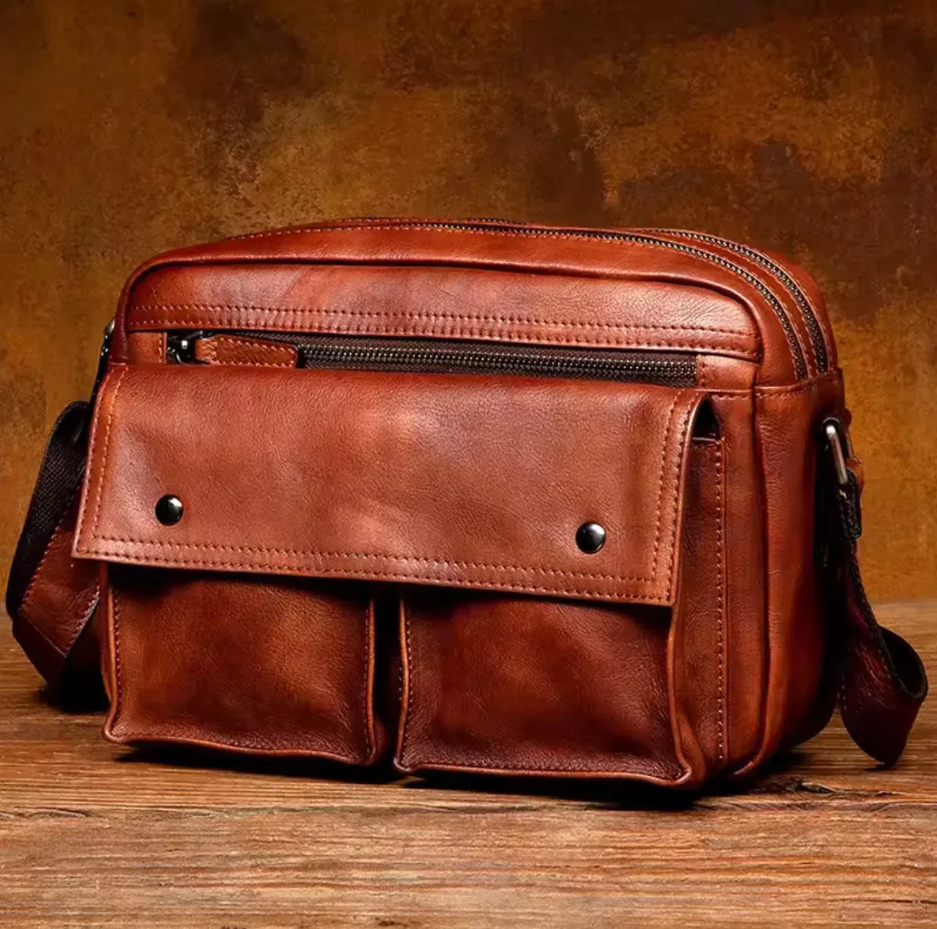 Men’s Brown Leather Messenger Bag with Front Pockets
