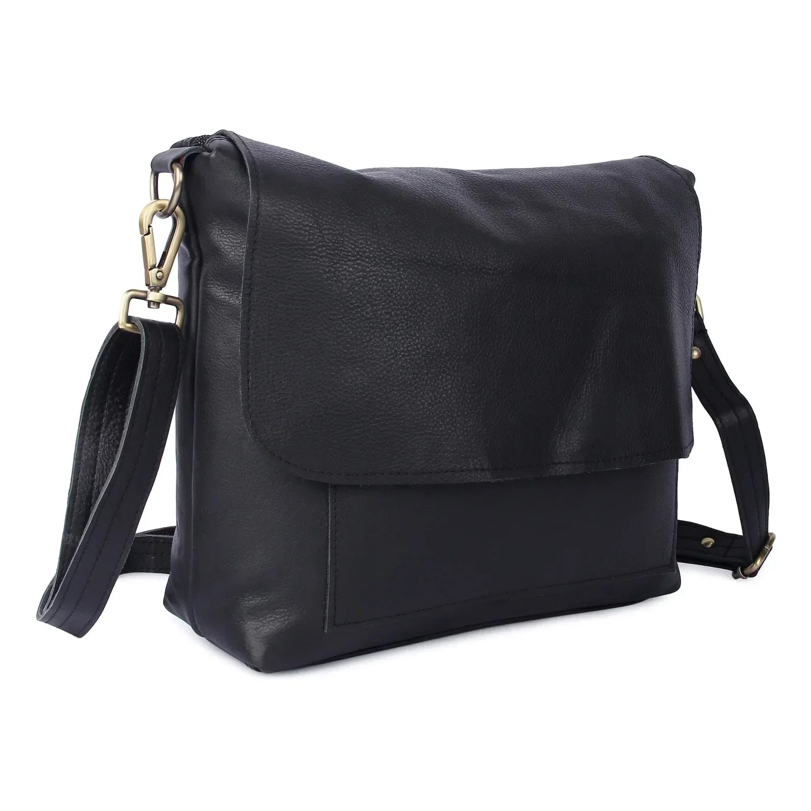 Black leather messenger bag for women | crossbody work bag