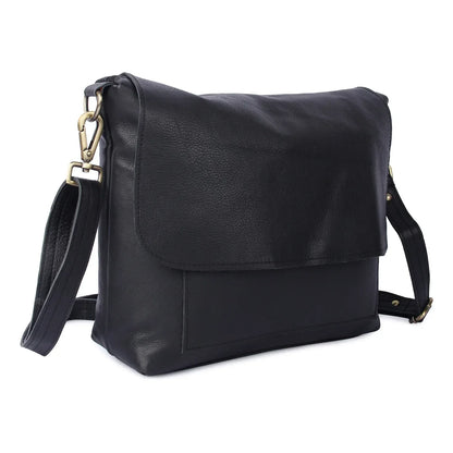 Black leather messenger bag for women | crossbody work bag