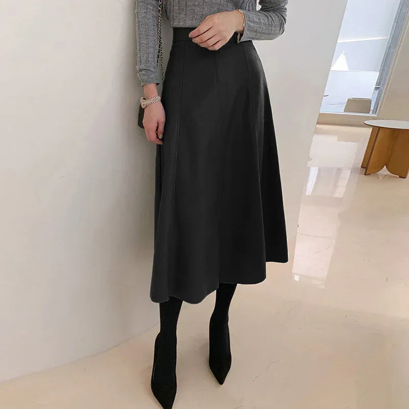High Waisted Black Leather Midi Skirt A-Line Swing