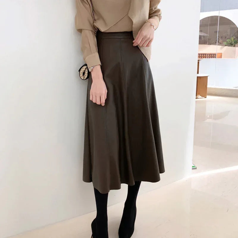 High Waisted Black Leather Midi Skirt A-Line Swing
