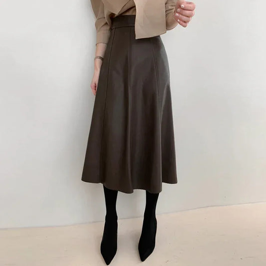 High Waisted Black Leather Midi Skirt A-Line Swing Brown M