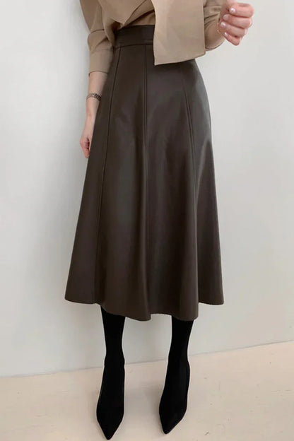 High Waisted Black Leather Midi Skirt A-Line Swing