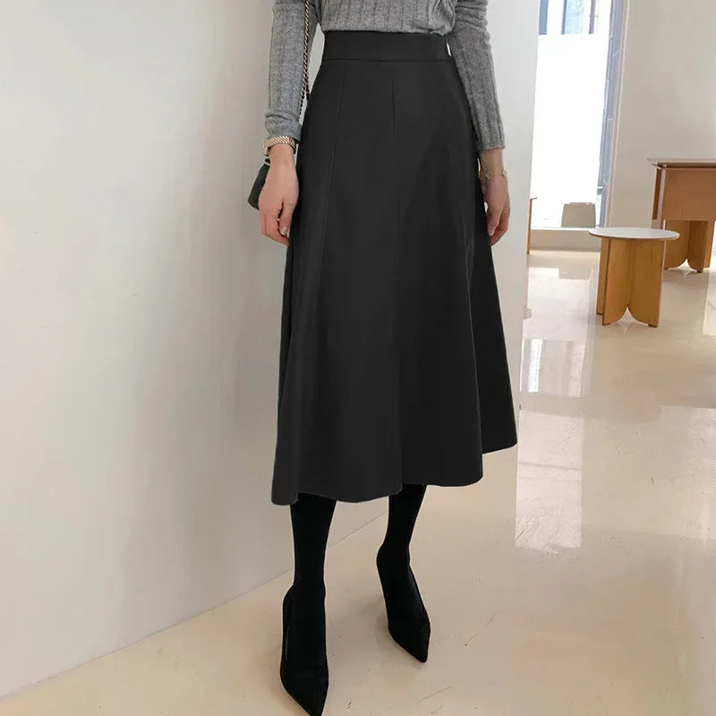 High Waisted Black Leather Midi Skirt A-Line Swing Black M