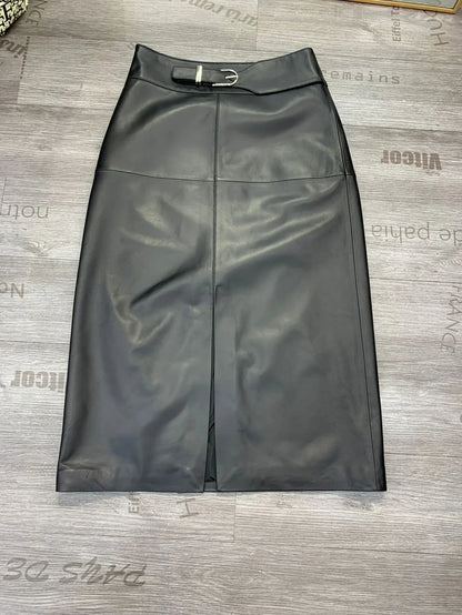 Women's Sheepskin Leather Midi Skirt with Belt