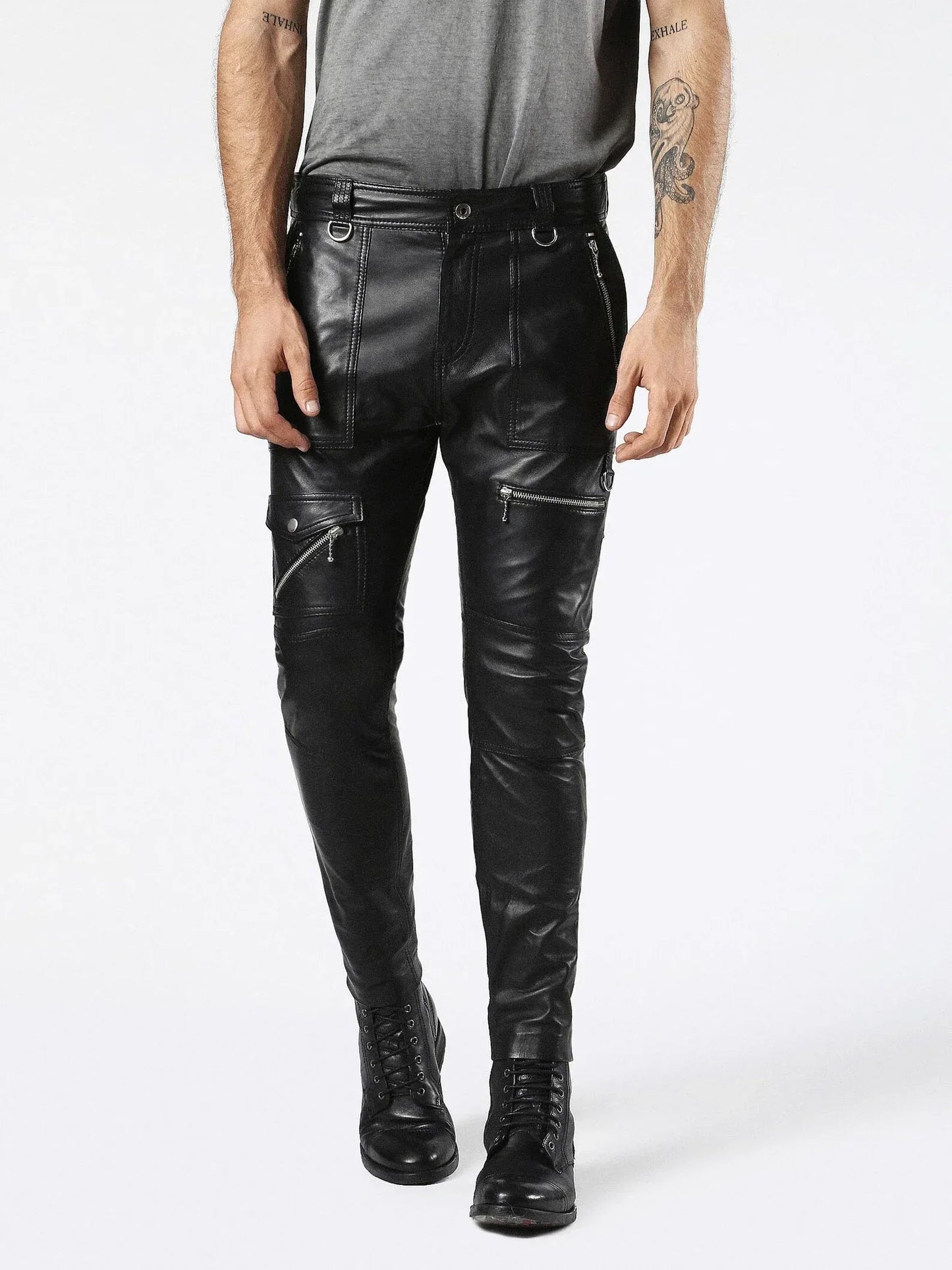 real leather pants men black biker style zipper pocket design