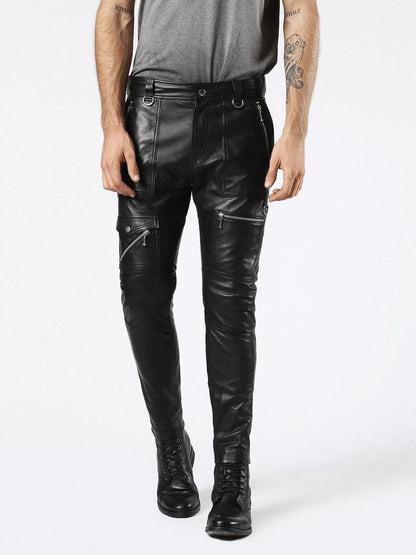 real leather pants men black biker style zipper pocket design
